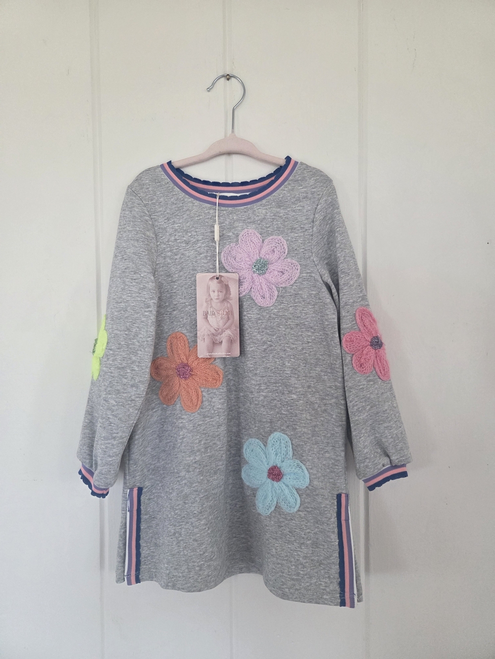 Baby Sara Girls' Grey Sweatshirt Dress with Multicolor Flower Appliques